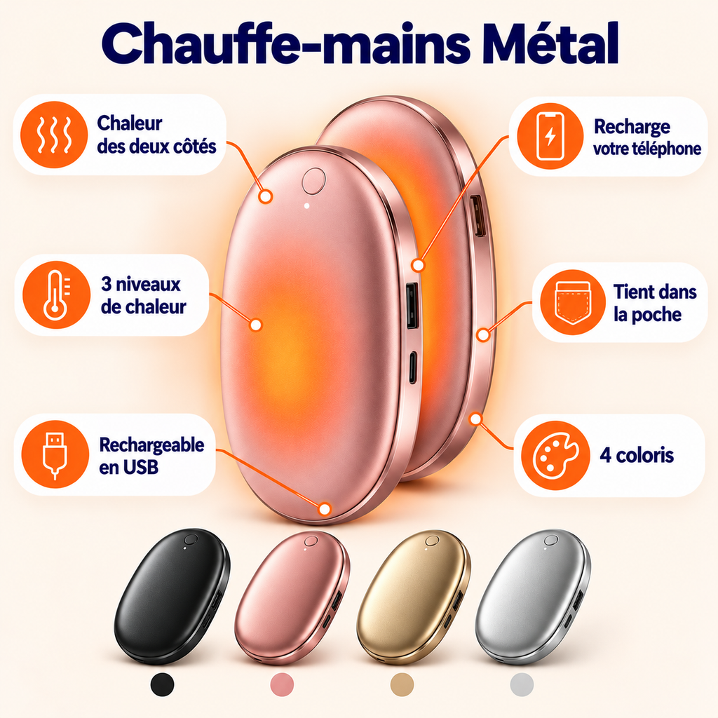 Caractéristiques du chauffe-mains Polaire Métal : chaleur des deux côtés, 3 niveaux, recharge le téléphone, 4 coloris