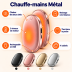 Caractéristiques du chauffe-mains Polaire Métal : chaleur des deux côtés, 3 niveaux, recharge le téléphone, 4 coloris