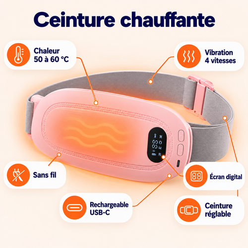 Caractéristiques de la ceinture chauffante Polaire : 50 à 60 °C, vibration 4 vitesses, sans fil, USB-C