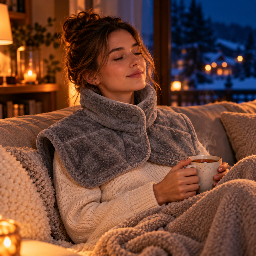 Femme détendue avec le coussin chauffant Polaire sur les épaules