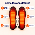 Caractéristiques des semelles chauffantes Polaire : 40 à 50 °C, 4 mm, découpables, du 35 au 46, USB
