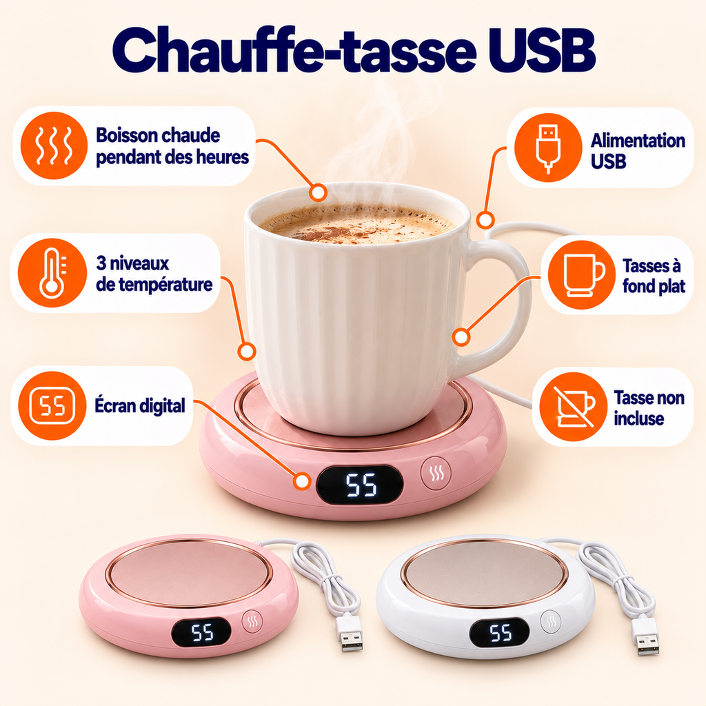 Caractéristiques du chauffe-tasse USB Polaire : 3 niveaux, écran digital, USB, tasse non incluse