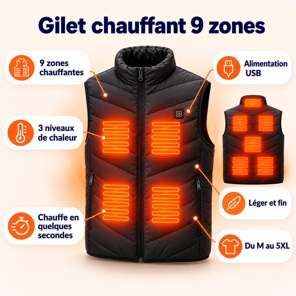 Caractéristiques du gilet chauffant Polaire : 9 zones, 3 niveaux, USB, léger, du M au 5XL