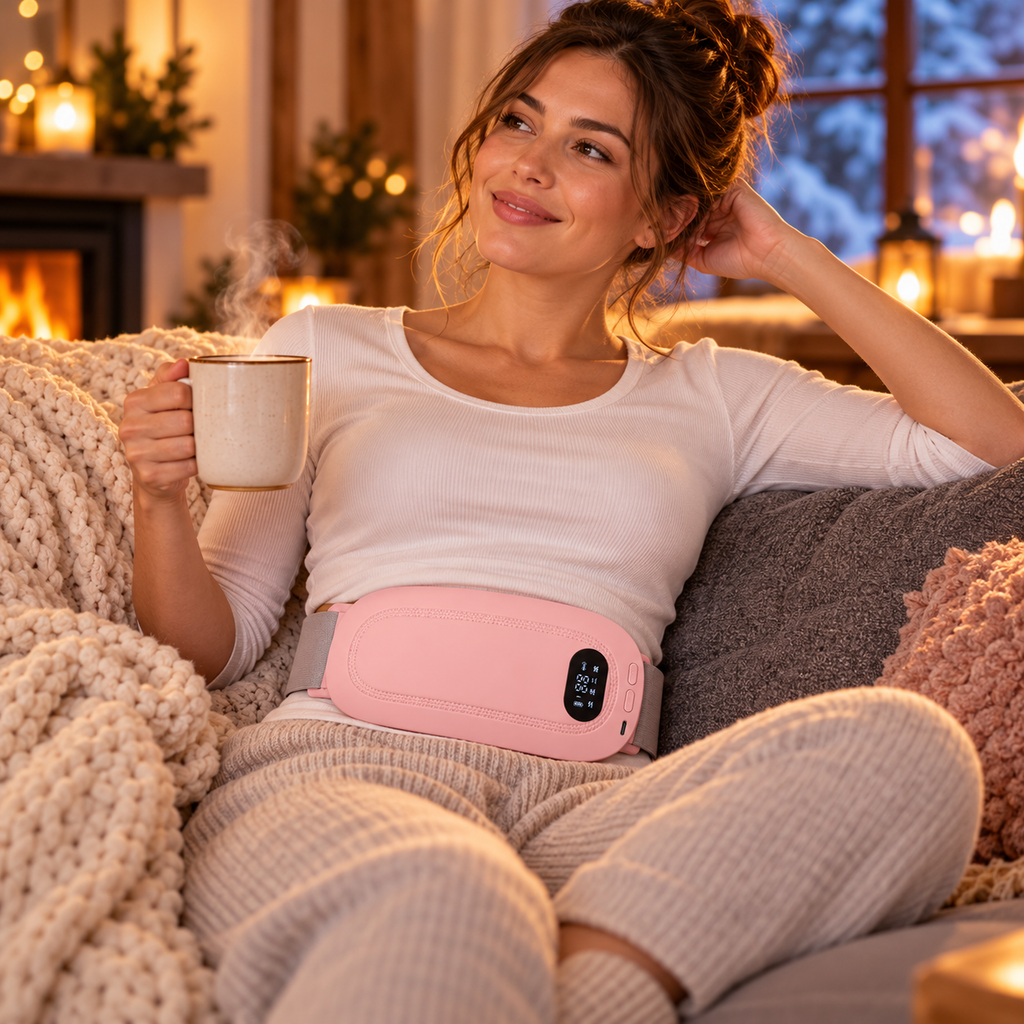 Femme portant la ceinture chauffante Polaire dans un canapé en hiver