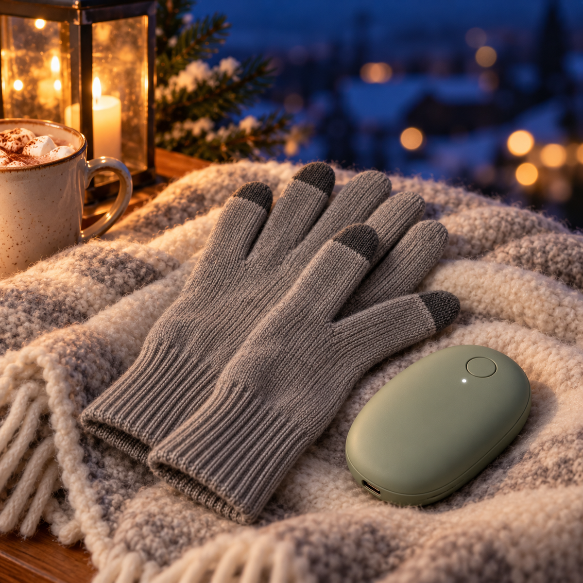 Gants Polaire et chauffe-mains sur un plaid d'hiver