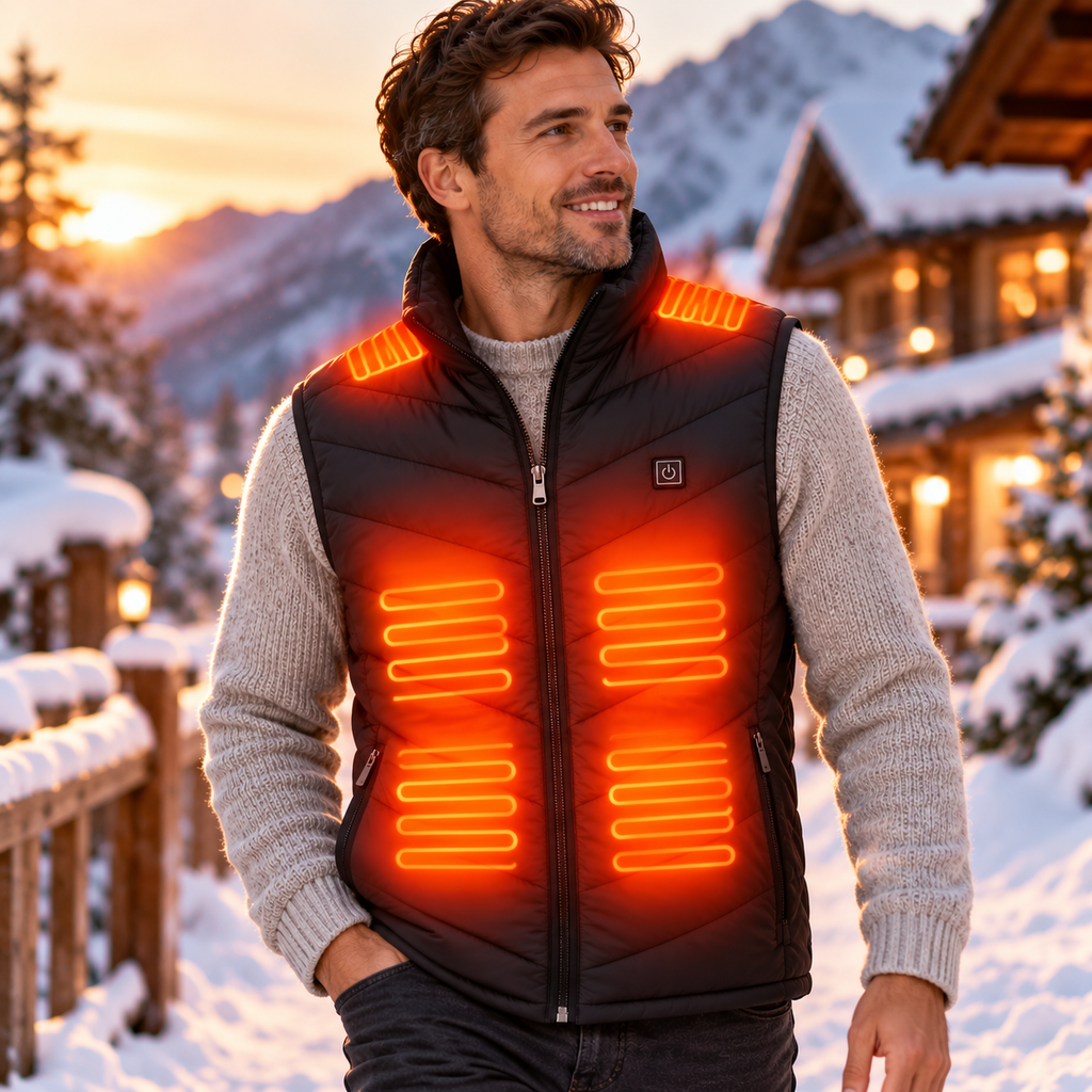 Homme portant le gilet chauffant Polaire à la montagne en hiver