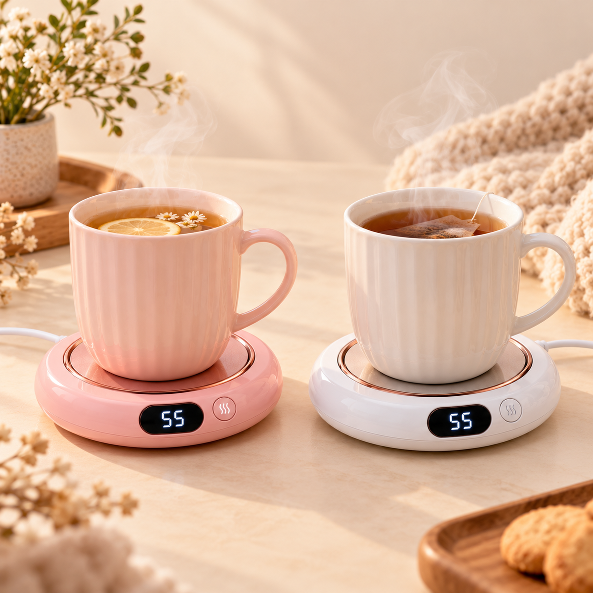 Chauffe-tasse Polaire rose et blanc avec tasses de thé